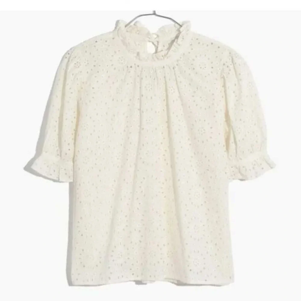 Madewell White Embroidered Eyelet Ruffle Neck Keyhole Puff Sleeve Top Medium